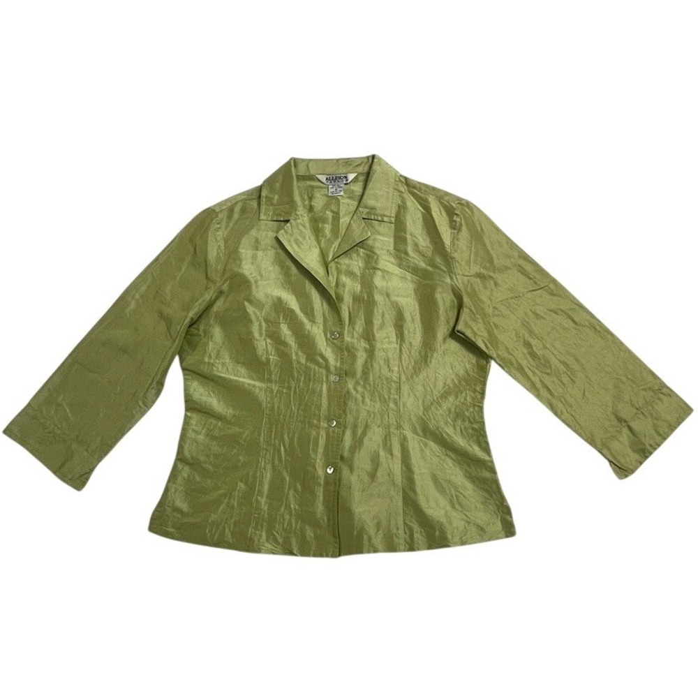 Vintage Allison Taylor 100% Silk Blouse M Chartreuse Green Button Up 3/4 Sleeve